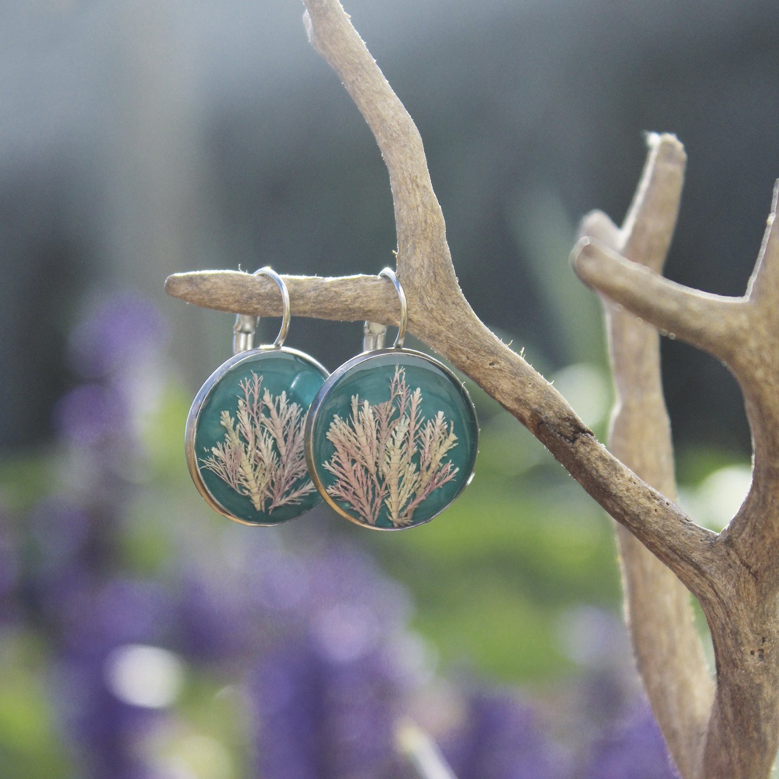 Pendientes de resina UV y acero hipoalergénico con alga coralina sobre fondo azul, hechos a mano en Malas Herbas Artesanía, artesanos gallegos.