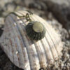 Colgante de erizo de mar natural nº 7, 20 mm, gris verdoso oscuro, con montura y cadena de latón, hecho a mano en Malas Herbas Artesanía, artesanos gallegos.